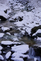 a small creek with snow on the stones in winter 
