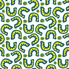 Yellow horseshoes with blue outline isolated on white background. Cute seamless pattern. Vector flat graphic hand drawn illustration. Texture.