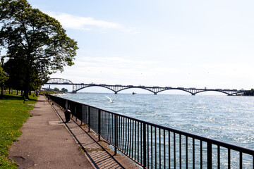 Buffalo, NY, USA - September 2, 2019: View of the Peace Bridge from Buffalo, NY, USA. The Peace Bridge is an international bridge between Canada and the United States at the east end of Lake Erie. 