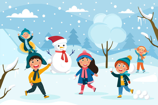 Group of happy laughing young children playing in winter snow tobogganing and building a snowman, colored cartoon vector illustration