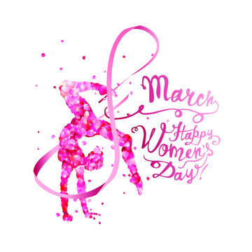 8 march. Happy Women's Day! Silhouette of a gymnastics woman with ribbon of pink rose petals