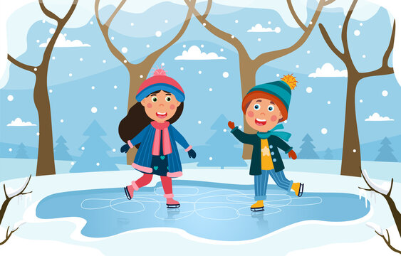 Two young children skating on a rink in a snowy winter park with a boy and girl smiling and waving, colored cartoon vector illustration
