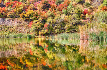 Lake with crystal clear water and beautiful reflection of the autumn forest; silence, tranquility and relaxation concept