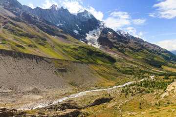 hikingpath in the lötschtal to the anenhütte house alm stone, rocks