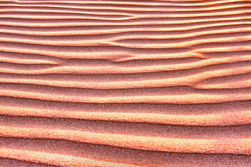 Harmonious lines of sand in the desert at sunset; bizarre wind patterns in the soft light of the setting sun