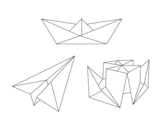 Black outline of origami shape: ship, boat and plane