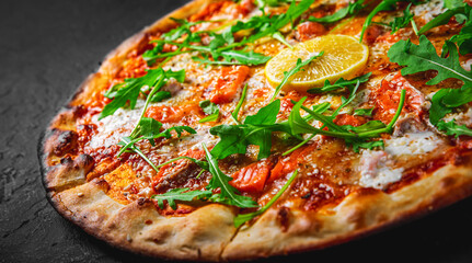 Pizza with Mozzarella cheese, salmon fish, tomato sauce, arugula, lemon. Italian pizza on Dark grey black slate background