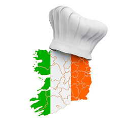 Irish national cuisine concept. Chef hat with map of Ireland. 3D rendering