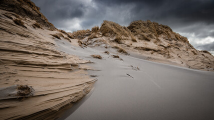 sanddunes sharp carved by the wind at the beach of Westenschouwen in the Netherlands under a dark clouded sky