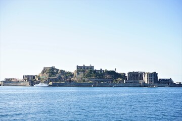View of Gunkanjima or Battleship island, Ghost Island, from ferry boat in Nagasaki, Japan -  長崎 軍艦島