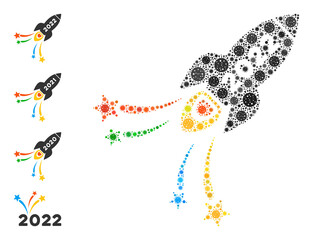 2022 fireworks rocket bacteria mosaic icon. 2022 fireworks rocket collage is made of scattered coronavirus icons. Bonus icons are added. Flat style.