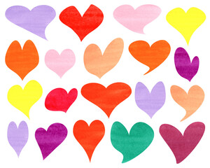 Set of watercolor colorful hearts isolated on white background.