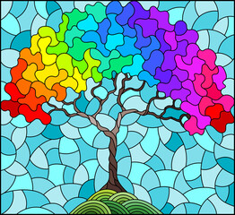 Illustration in stained glass style with an abstract  rainbow tree on a background of blue sky, rectangular image