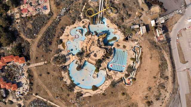 Closed Abandoned water park Aerial view, Dead sea, Israel
apocalyptic Vision From Israel Closeed for 20 years water park, Drone view 
