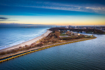 Aerial scenery of the Baltic Sea in New Port at sunset, Gdansk. Poland