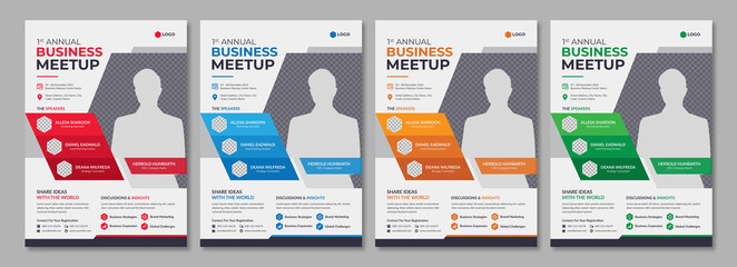 Corporate annual conference or meetup promotion flyer template. Professional business poster design for company workshop & training. Marketing cover layout with official logo & geometric shape.