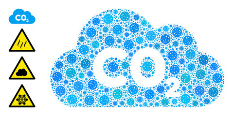 CO2 gas cloud covid mosaic icon. CO2 gas cloud collage is organized from scattered infection pictograms. Bonus pictograms are added. Flat style.