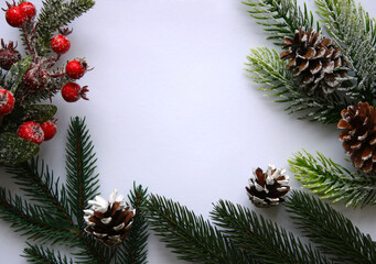 Fototapeta na wymiar Festive blank Christmas and New Year card mockup with green fluffy spruce branches, pine cones and little red holly berries on white background. Empty space for text. Top view. Flat lay.