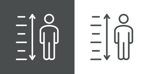 Medir la altura. Icono silueta hombre con regla y flechas con lineas en fondo gris y fondo blanco © teracreonte