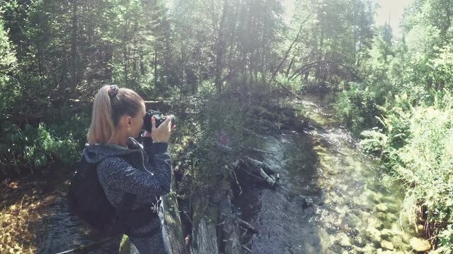 Traveler photographing scenic view in forest river. Wood bridge fallen tree. One caucasian woman shooting nice magic look. Girl take photo video on camera. Photographer travel with backpack. Outdoor.