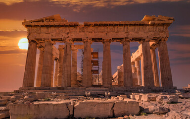 Fototapeta premium Parthenon temple east front illuminated by dramatic, fiery sunny sky, Athens Greece