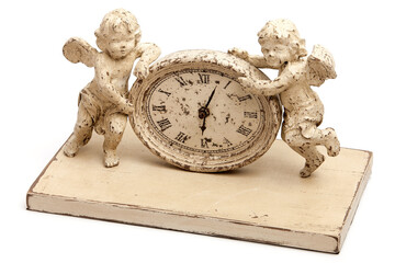 Nice white old fashioned vintage clock with two baby angels or cupids from both sides. Round shape...
