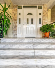 Fototapeta na wymiar marble steps to the house entrance white door and flowerpot