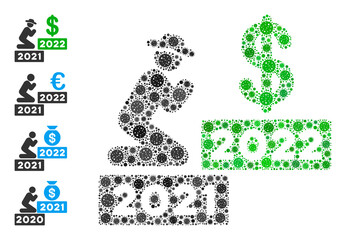 Gentleman pray dollar 2022 covid virus mosaic icon. Gentleman pray dollar 2022 collage is made with scattered cell pictograms. Bonus pictograms are added. Flat style.