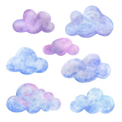 Fototapeta premium Watercolor cloud in a soft pink and lilac shade. Cute illustrations for sky design isolated on white background. Clipart of a natural phenomenon in a children's style. Set of clouds