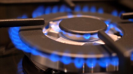 Gas Stove Turned On and Off with Blue Flames Fire in the Dark
