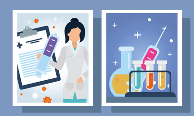 covid 19 virus vaccine icon bundle in frames vector design