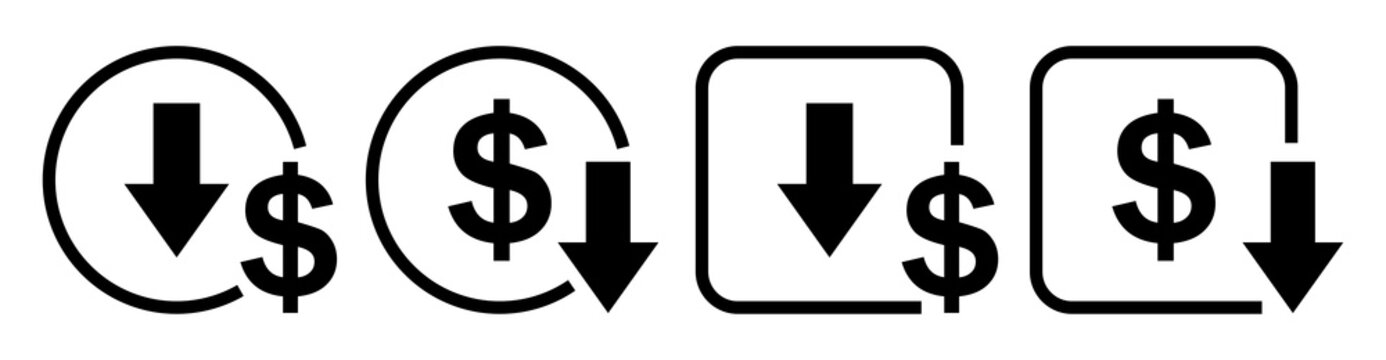 Arrow dollar euro icon set. Сost reduction and growth business icons. Up and down arrow symbol, sign. Vector illustration.