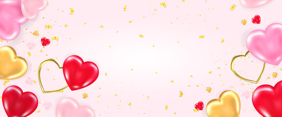 Valentines day banner or card template with decorative elements of shiny 3d hearts, heart shaped frames and confetti on pastel pink background. Realistic vector illustration of love symbol