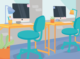 workplace with desks computers lamps and chairs vector design