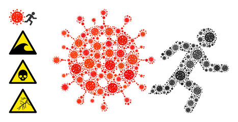 Man run away covid coronavirus mosaic icon. Man run away covid collage is shaped with random coronavirus items. Bonus icons are added. Flat style.