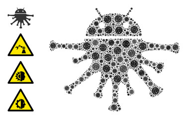 Nanobot coronavirus mosaic icon. Nanobot collage is formed from random viral elements. Bonus pictograms are added. Flat style.
