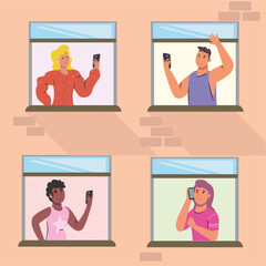 people with smartphone at windows building vector design