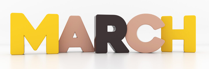 March calendar month - letters in multicolor palette, 3d render illustration	