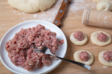 The process of making homemade dumplings. Minced meat on the dough. Russian food.