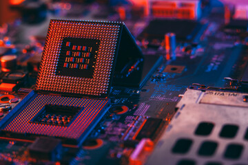 The processor on the motherboard near the socket. Neon colors. Motherboard..
