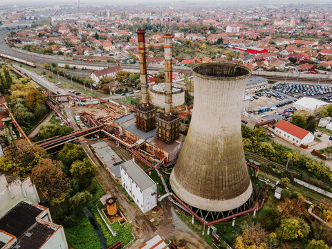 Aerial View over industrialized city
