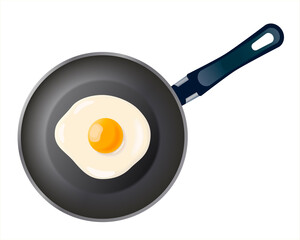 Pan with fried egg isolated on white background. Cooking foods. Cooked omelet. Cooking lunch, dinner, breakfast. Scrambled eggs. Metallic utensil for frying. Cook tools. Eggs Omelette. Top view.