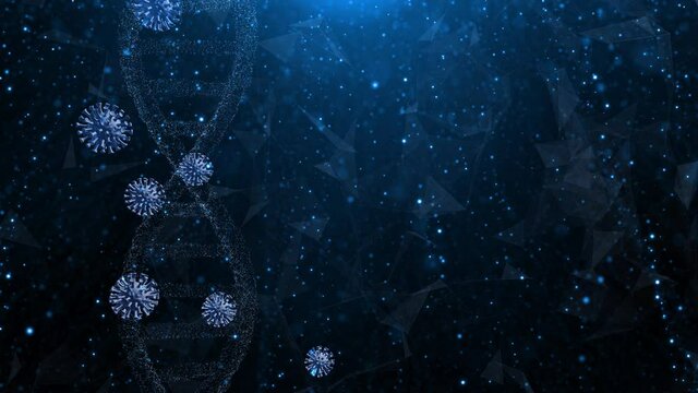 Three-dimensional Coronavirus covid-19 and dna chain structure animation. Concept science copy space background.