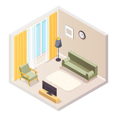 Isometric vector illustration, living room, interior element, furniture