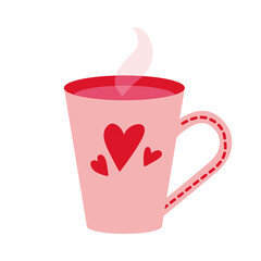 Vector pink cup with hot drink with vapor decorated with red hearts. Clip art for Valentines day, romantic, anniversary, love concept isolated on white.