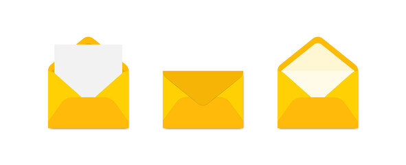 Set of yellow envelopes in a different views on blue background. Paper envelope mockups. Set of icons depicting a closed letter. Paper document in an envelope. Delivery of correspondence. Mail icon.