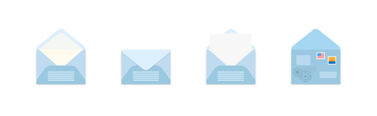 Set of blue envelopes with post stamps in a different views on white background. Set of icons depicting a closed letter. Paper document in an envelope. Delivery of correspondence. Mail icon. Vector