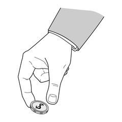 Man's hand raises a coin with a dollar sign. Linear drawing. Vector illustration