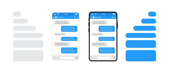 Smart phones chatting sms template bubbles. Chat templates, message, phones and speech bubbles blue colour in flat style. Social media design concept. Sms template bubbles for compose dialogues.