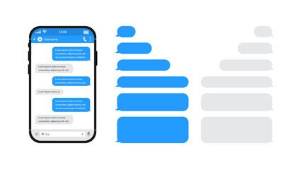Smart phones chatting sms template bubbles. Chat templates, message, phone and speech bubbles blue colour in flat style. Social media design concept. Vector illustration